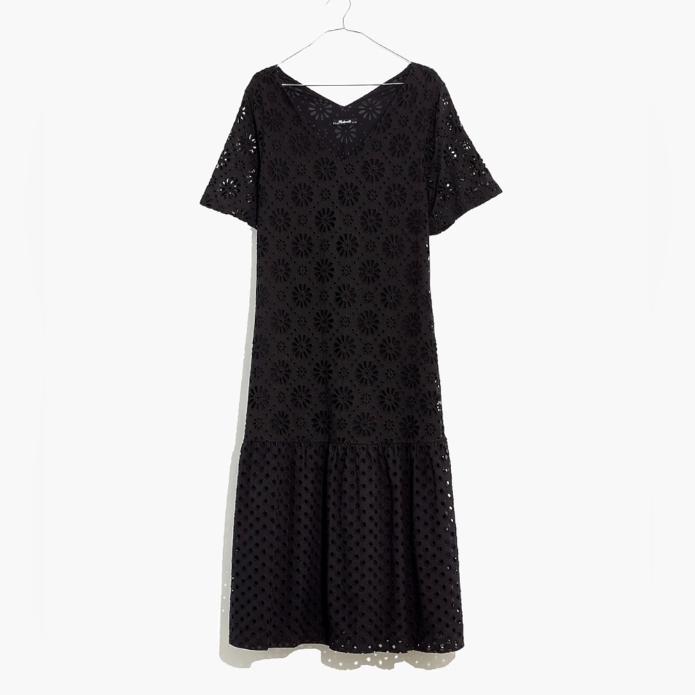 Madewell Eyelet-Mix Midi Dress, Medium, Black
